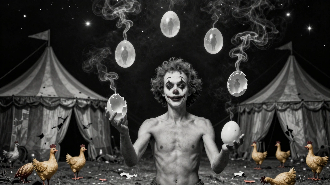 A clown juggling fragile eggs that release floating whispers, circus tent fading into stars, emotional surrealism.