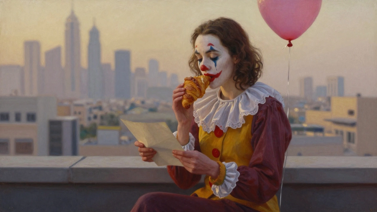 A woman in clown makeup sits on a rooftop at dawn, reading a letter, smiling softly as golden light fills the scene.